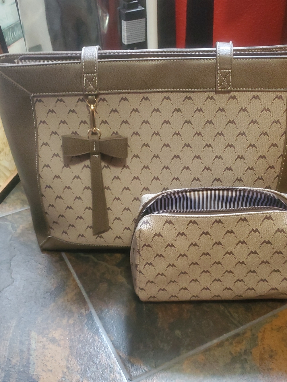 Taupe Patterned Tote with Matching Pouch and Bow Charm